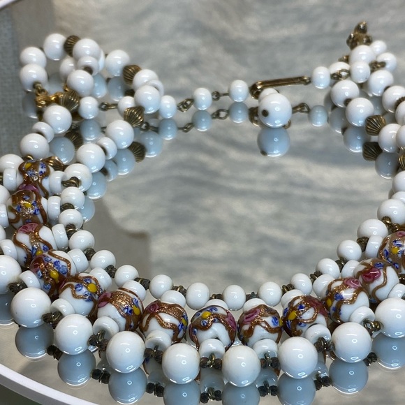 Vintage Rare Antique Venetian Wedding Cake & Milk Glass Beaded Bib Necklace 16” - Picture 16 of 17